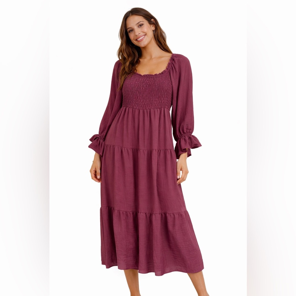 &Merci Smocked Midi Dress Ruffle Bow Square Neck Puff Sleeve Dark Mauve